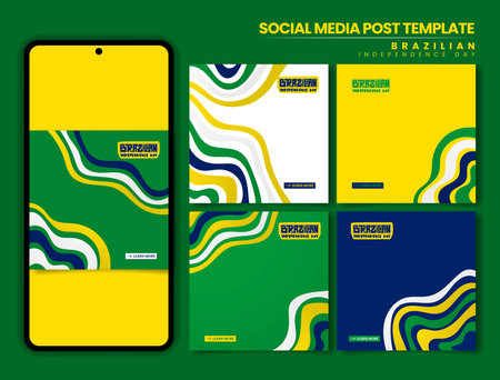 Brazil Independence day. Set of carousel post with waving blue yellow green bold lines background. Brazil national day campaignのイラスト素材