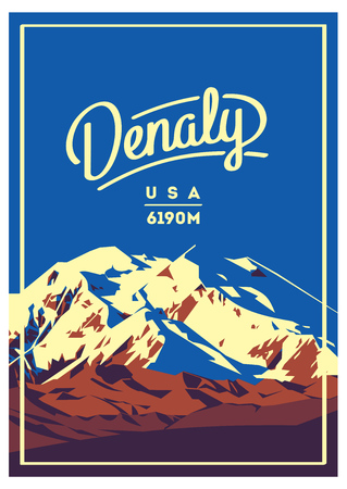Denali in Alaska Range, North America, USA outdoor adventure poster. McKinley mountain illustration.のイラスト素材