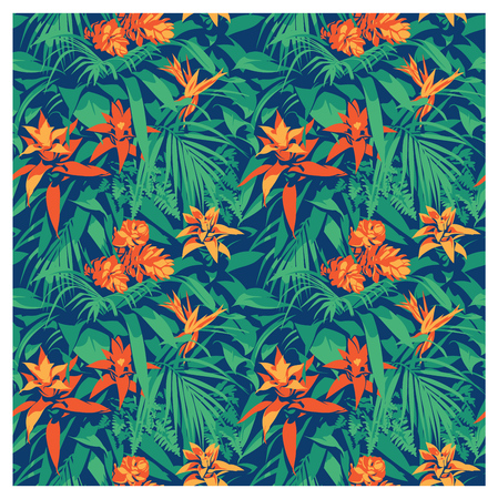 Seamless summer Hawaiian tropical pattern with, palm leaves and flowers.