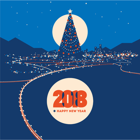 New years eve with big fir tree and city lights flat minialistic vector illustration. New year vintage hipster poster for party or greeting card.のイラスト素材