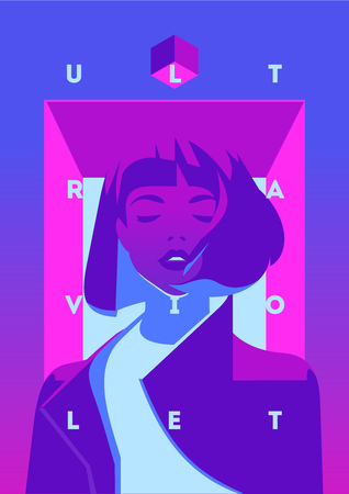 Fashion portrait of a model girl and neon light. Ultraviolet trendy colors poster.のイラスト素材