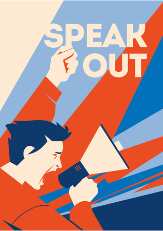 Man holds a loudspeaker in hand. Protester speaking through megaphone. flat vector illustration, poster or banner.のイラスト素材