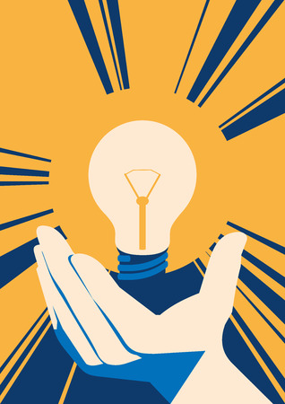 Lightbulb in hand with glow. lamp Flat Vector illustration.のイラスト素材