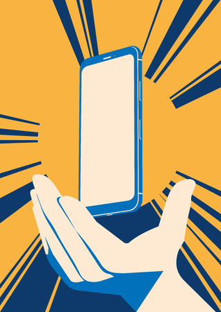 Realistic flat modern, smart phone with hand on dark background.のイラスト素材