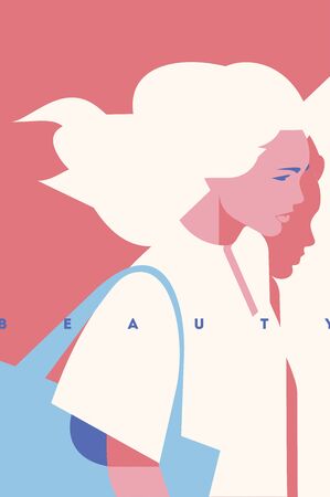 Fashion portrait of a blondie model girl. Retro trendy coral color poster or flyer.のイラスト素材