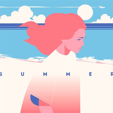 Summer Holiday and Summer Camp poster. Sea sunset, girl walking on beach.のイラスト素材
