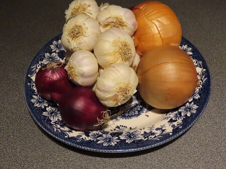 White dry garlic, red and brown onions on a white blue plate, close up