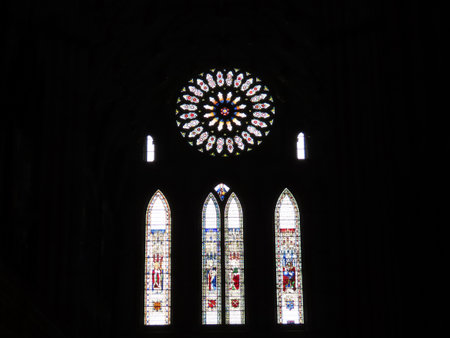 Medieval stained glass windows. The York Minster, City of York, England, UK - September 9, 2021