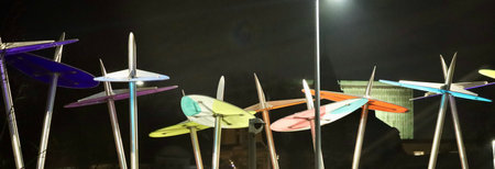 Modern decorative architecture in Luxembourg city, photo taken at night when colourful lights are shining on installations. Luxembourg, Luxembourg - December 22, 2021のeditorial素材