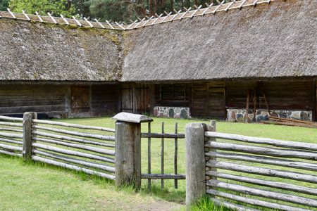 Stable for animals, built of timber with thatched roof in Latvian Ethnographic Open Air museum, Riga, Latvia - May 27, 2022のeditorial素材
