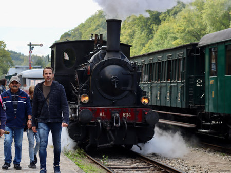 Steam train going to Steampunk festival, frontal view. Fond-de-Gras, Luxembourg - September 25, 2022のeditorial素材