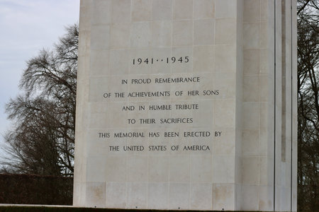 Central chapel inscription, at American military cemetery of World War 2 in Hamm, Luxembourg - April 10, 2023.のeditorial素材