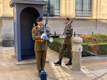 Guards by Grand Dukes palace, Luxembourg old town, Luxembourg - September 24, 2023
