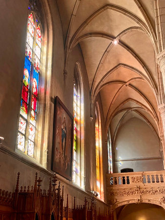 Stained glass windows and vaulted ceilings of Cathedral. Luxembourg, Luxembourg - September 24, 2023のeditorial素材