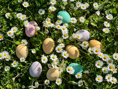 Easter eggs among daisies painted in soft pastel colours scattered among English daisies on a green...