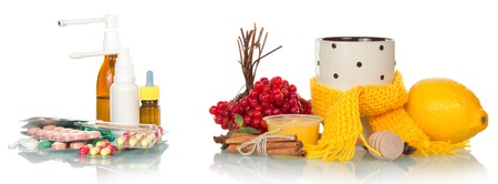 Traditional and medicamentous remedies for cold on a white backgroundの写真素材