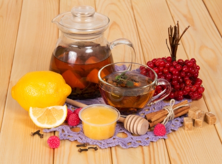 Traditional cold medicines on a wooden tableの写真素材