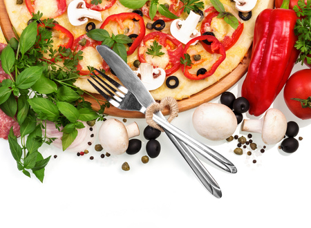 Pizza and cutlery isolated on white background.の写真素材