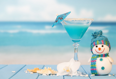 Cocktail, snowman, starfish and orchid flower on a background of the sea.の写真素材