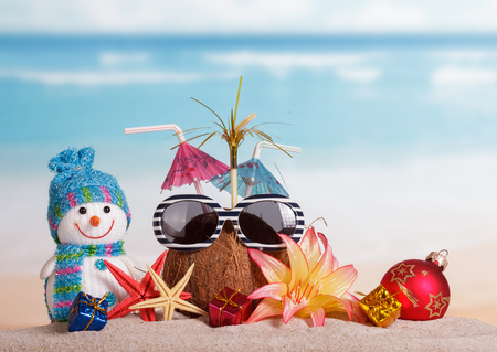 Coconut, sunglasses, snowman, starfish, Christmas ball and gifts flower against the seaの写真素材