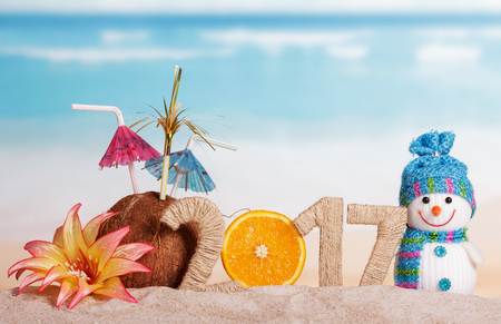 Half an orange instead of the number 0 in the amount of 2017, snowman, coconut and flower in the sand against the sea.の写真素材
