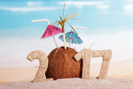 Coconut instead of the number 0 in the amount of 2017 against the backdrop of the sea.の写真素材