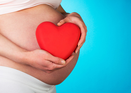 Pregnant woman holding a heart on a blue background.の写真素材