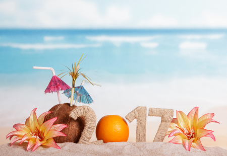 Orange instead of the number 0 in the amount of 2017, coconut and flowers in the sand against the sea.の写真素材