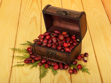 Dried rose hips in a treasury on the background of light wood.の写真素材