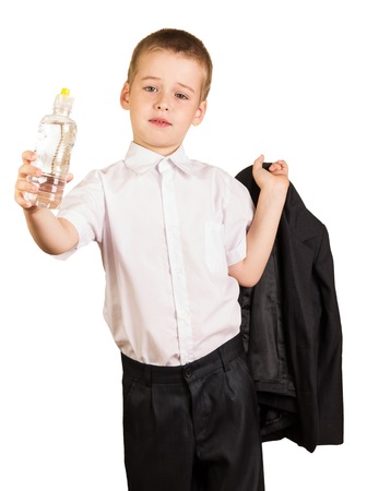 Cute boy in a hand holding a bottle of water isolated on white background.の写真素材