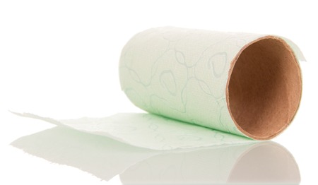 Ending toilet paper roll isolated on white background.の写真素材