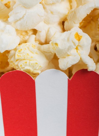 Macro. Striped red and white box with popcornの写真素材