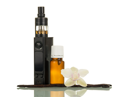 Electronic cigarette with liquid with vanilla aroma for vaporing on isolated on white background