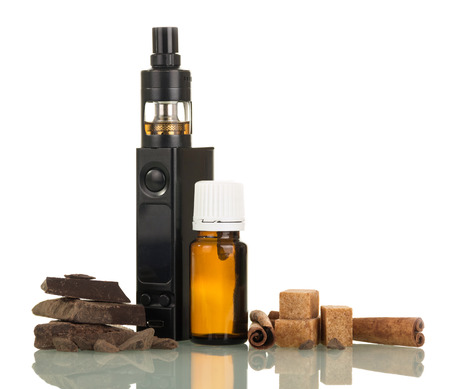 Electronic cigarette with liquid with taste of chocolate and cinnamon isolated on white backgroundの写真素材
