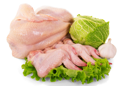 A whole raw chicken carcass and wings, Savoy cabbage, garlic, lettuce leaves isolated on white background.の写真素材