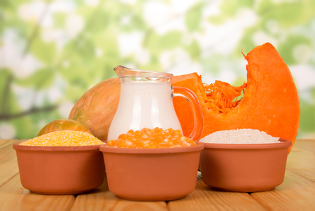 Bowls with cereal, rice, corn, a jug of milk, a slice, a whole pumpkin on an abstract green background.の写真素材