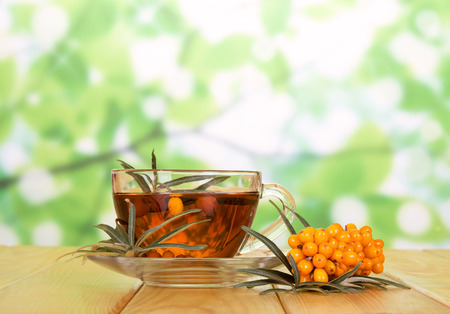 Branch with berries of sea-buckthorn berries, leaves and a Cup of tea on abstract green background.の写真素材