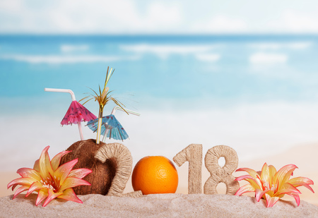 New Year inscription 2018, the orange instead of the numbers 0, coconut with straws and flowers in the sand.の写真素材