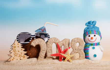 New Year inscription 2018, a coconut with a straw, an umbrella and sunglasses, snowman, Christmas tree and starfish in the sand.の写真素材