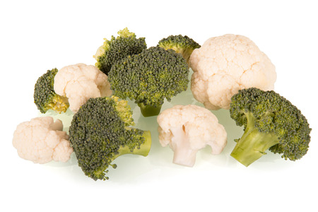 Ripe inflorescences of broccoli and cauliflower isolated on white background.の写真素材