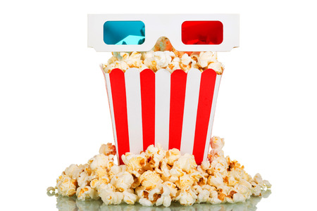 3D glasses, a large square box of popcorn, popcorn around isolated on white background.の写真素材