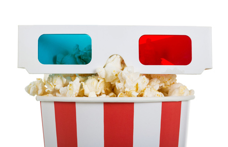 Popcorn and 3D glasses, isolated on whiteの写真素材