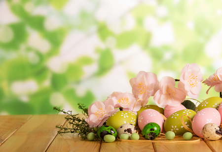 Easter eggs, candy, grass, branch with flowers on the abstract green background.の写真素材