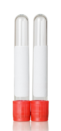 Vacuum test tubes for blood sampling isolated on white backgroundの写真素材