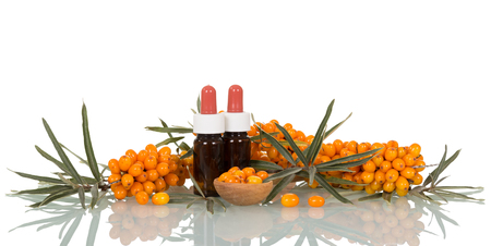 Oil in bottles, bunches of ripe sea-buckthorn berries and in a wooden spoon isolated on white background.の写真素材