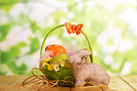 Easter eggs in the basket Easter bunny and butterfly on abstract green background.の写真素材