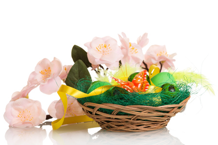 Easter eggs in a basket and a branch of the with flowers isolated on white background.の写真素材