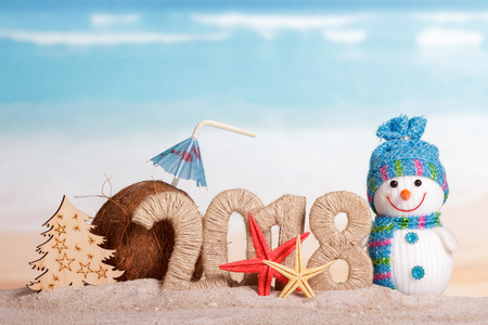New Year inscription 2018, coconut with drinking straw and umbrella, the snowman and the Christmas tree, starfish on the sand.の写真素材