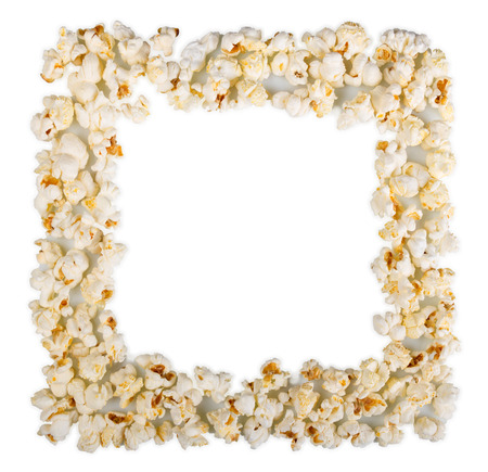 Popcorn, laid out in the shape of the frame isolated on white backgroundの写真素材