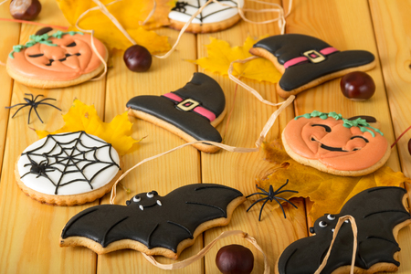 Gingerbread cookies in the style of Halloween, spiders and chestnuts. View from aboveの写真素材